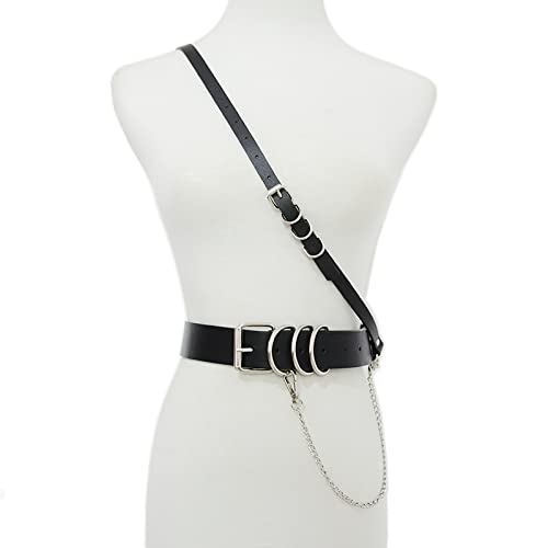 Women's Punk Leather Belt with Detachable Chain,Vintage Costume Accessories (A_Black2), Silver3