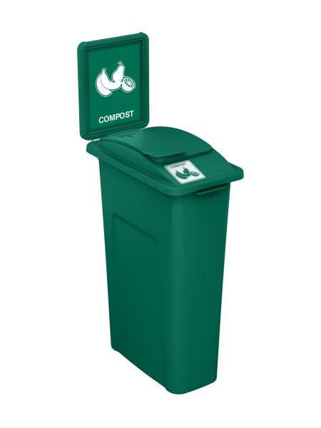 Sturdy Essentials Waste Wise 23 Gallon Recycled HDPE Waste and Recycling Bin for Commercial Spaces - (Green w/Sign & Lid, Compost)