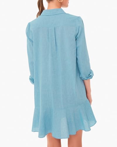 Image of YEXPINE Women's Tunic Mini Shirt Dress Cotton Linen Long Sleeve Button Up Ruffle Hem Loose Casual Summer Pockets Shift Dress