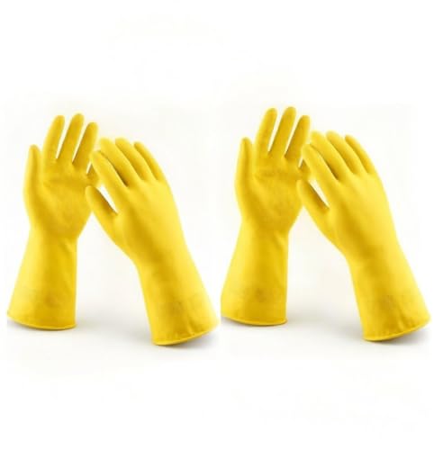 Image of LADWA Premium Rubber Household Cleaning Gloves, Yellow and Red Color Reusable Waterproof Gloves for Kitchen Cleaning, Dishwashing, Gardening and Bathroom Use with Durable Grip (Pack of 2 Pairs)