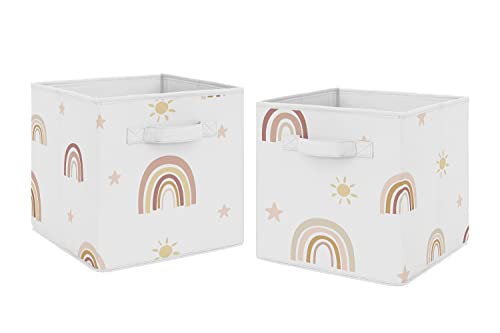 Image of Sweet Jojo Designs Boho Rainbow Foldable Fabric Storage Cube Bins Boxes Organizer Toys Kid Baby Children - Set of 2 - Blush Pink Dusty Rose Gold Yellow Mauve Taupe Beige Bohemian Stars Sun Celestial