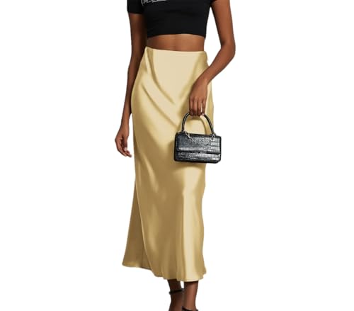 Women Summer Spring Long Satin Skirt Silk High Waist Cocktail Party Wedding Flowy A-Line Midi Skirts
