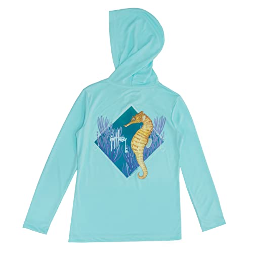 Guy Harvey Girl's Cationic Performance Hooded Tee, Iced Aqua/Seahorse, XX-Large