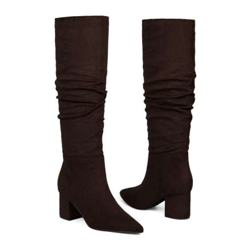 Image of Easyfox Womens Knee High Boots Chunky Low Heel Pointed Toe Tall Long Boots