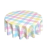 GOLIANDA Easter Plaid Round Tablecloth 70 Inch Colorful Pink Yellow Blue Buffalo Plaid Table Cloth Polyester Fabric Spring Decorations Holiday Round Table Cover for Home Party Kitchen Picnic Decor