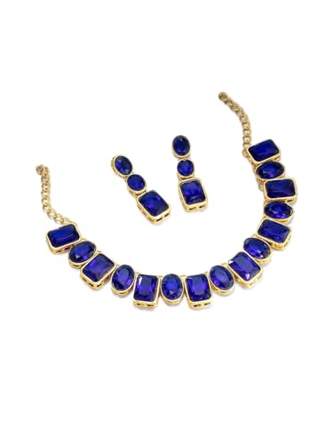Juego de joyas de cristal cuadrado azul latón dorado DMZ-2065 bisutería fina S