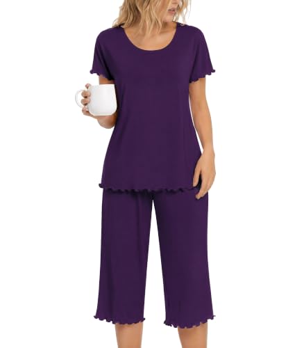 Image of NACHILA Bamboo Viscose Pajamas for Women Set Cooling Capri Short Sleeve Pjs