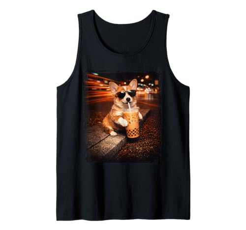 Dog Corgi Drinking Iced Coffee Funny Animal Meme Men Women Tank Top