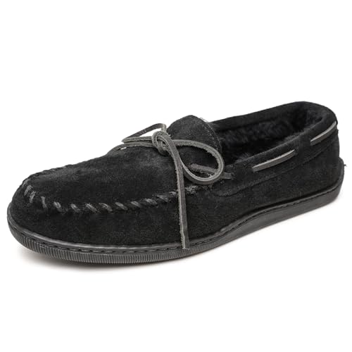 Minnetonka Mens Sheepskin Hardsole Moccasin, Black, Size 11