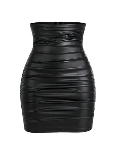GORGLITTER Women's High Waisted Ruched Fitted Tummy Control Skirt Dressy Casual Leather Bodycon Mini Skirt
