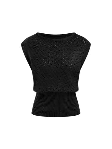 Image of CIDER Summer Short Sleeve Crop Sweater Vest Women Boat Neck Cut Out Tops | Cinched Waist, Light Weight, Ribbed Knit Tops, Hollow Out Crochet Vest, Going Out Trendy Tee