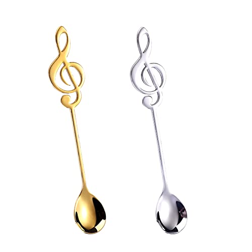 Guqqeuc - Music Note Spoons for Music Lover Gifts for Women Men Coffee Spoons Set for Coffer Lover Birthday Gifts for Friend Family Stainless Steel Musical Teaspoons Set of 2 (Gold + Silver)