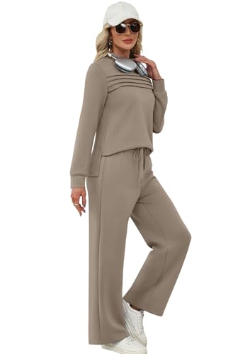 WIHOLL Two Piece Sets for Women Fall Travel Vacation Outfits Long Sleeve Lounge Sets Side Slit Wide Leg Pants S-3XL4