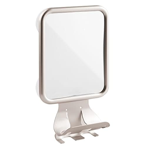 mDesign Large Modern Metal Suction Shaving Mirror Center for Bathroom Showers and Tubs - Holders for Shaving Cream and Razors - Satin