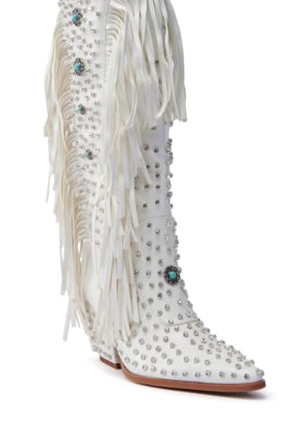 sexytag Fringe Cowboy Boots Rhinestone Embellishments Knee High Cowgirl Boots Turquoise Flower Studded Western Booties2