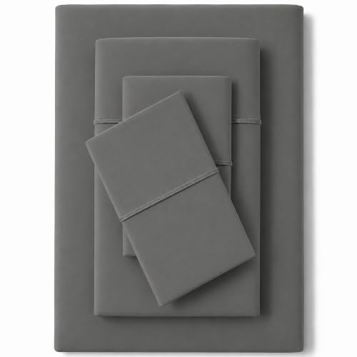 Image of Feather & Stitch 500 TC Split King Size Sheet Set, 5 piece Bed Sheets Set-2 Twin Fitted Sheet, 1 King Flat Sheet & 2 King Pillowcases, 18 inch Deep Pockets Sateen Weave Solid Bedsheet - (Charcoal Slate)