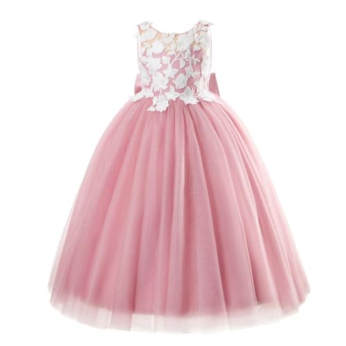Lace Applique Flower Girls Dresses Tea Length Glitter Tulle Kids Princess Birthday Pageant Party Gowns with Bow-Knot2