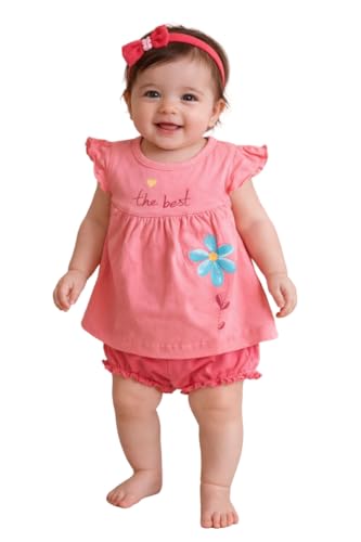 Image of Baby Girls Frock Dress with Bloomer Set | Short Sleeve Polka Dot Inner Layer & Bow Detail Special for 0-6 Months