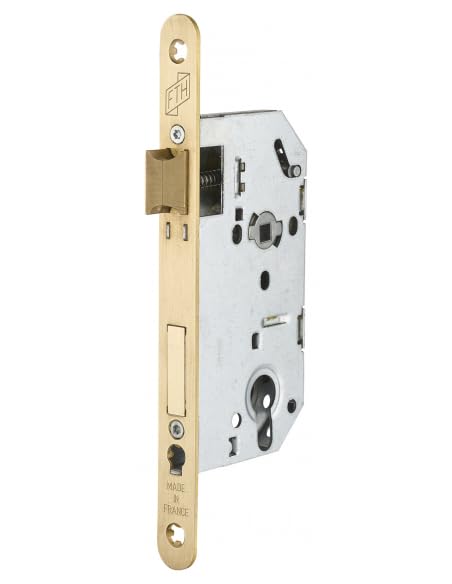 FTH - Serrure Encastrable SE 50 - Têtière Bouts Ronds Laitonnée - Système de Retournement - Coffre Acier - Fermeture à Deux Tours - Axe 50 mm - Laiton Émerisé