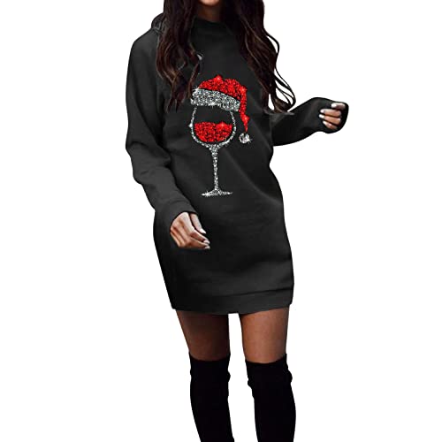Weihnachtskleid Damen Damen Plus Size Casual Bequemes Sweatshirt Rundhals Langarm Casual Loose Pullover (Black, S)