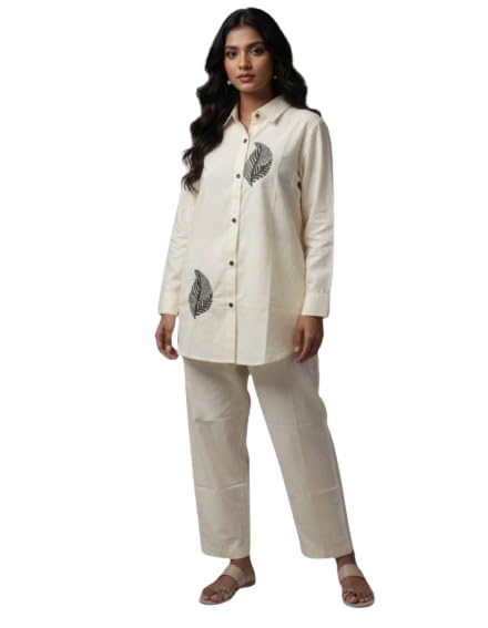 Aashi Creation Women's White Cotton Co-Ord Set | Embroidered Shirt with Straight Pants | Full Sleeve Regular Fit Two Piece Outfit | Casual, Office & Ethnic Wear, Medium-picture-27