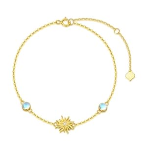 SISGEM 14K Real Gold Sun Bracelet for Women,Yellow Gold Created Moonstone Sun Drop Bracelets Moon Hand Link Jewelry Christmas Birthday Gifts for Wife Girlfriend 6.5”+2”