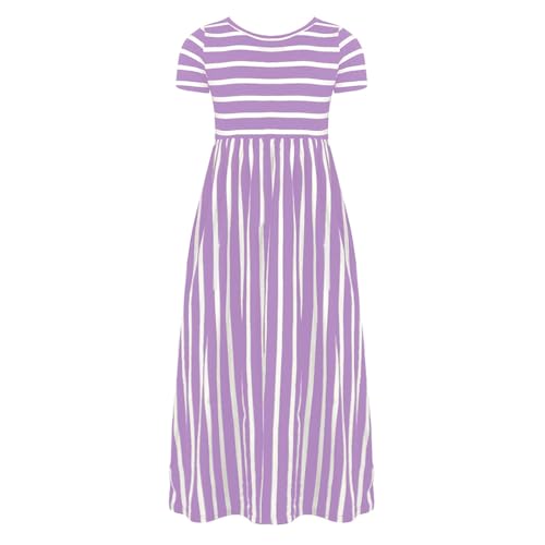 Kids Girls Short Sleeve Stripe Print Loose Casual Long Maxi Dress Casual Holiday Long Dresses with Pockets (Purple, 4-5 Years)3
