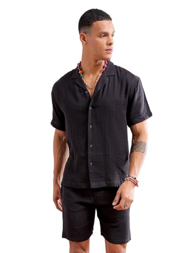 Image of The Indian Garage Co Men Regular Fit Solid Resort Wear Shirt & Boxers Co-ords Set