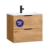 Kometmöbel Conjunto Mueble de baño 60 cm con Lavabo Roble suspendido 2 cajones Cierre amortiguado 100% montado de fábrica con Grifo Negro