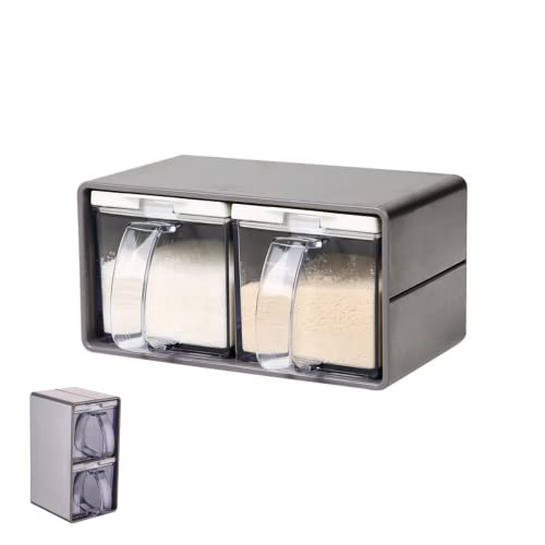 Gewürzbox mit Deckel und Löffel - Salzbehälter aus 304 Edelstahl Klares Gewürzregal für Küche/Zuhause/Café Aufbewahrung von Salz/Zucker/Pfeffer/Gewürzen (2-teilige)