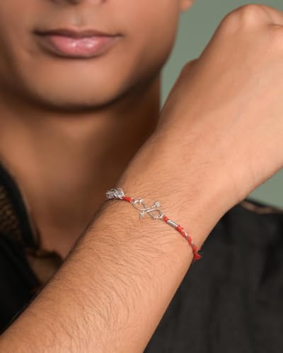 Image of Clara 925 Sterling Silver Rakhi with Roli Chawal for Bhai | Gift for Brother on Rakshabandhan | Men & Boy Bracelet