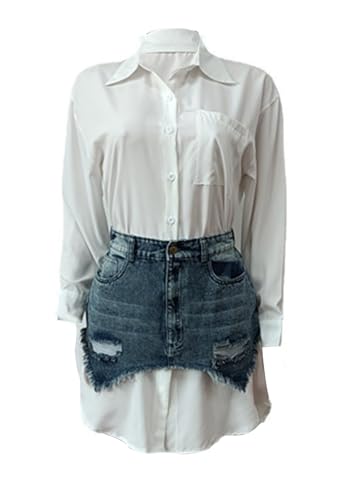 Women Patchwork Button Down Shirt Dress Skirts Outfits Long Sleeve Mini Shirt Dress Denim Skirt Sets White