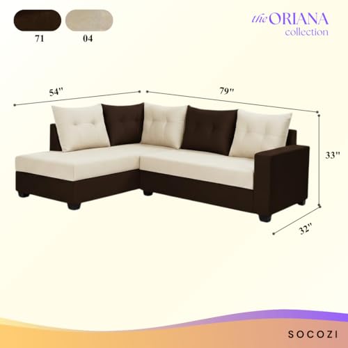 Image of SOCOZI Oriana 4 Seater RHS L Shape Sofa Set | Soft Velvet Suede Fabric | Modern Design | Plush Comfort Cushions for Living Room (Dark Brown-Cream)