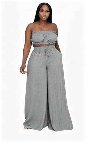 Image of Two Piece Sets for Women Summer Outfits Crop Tops and Wide Leg Pants Sets Sexy Jumpsuits Vacation Outfits with Pockets