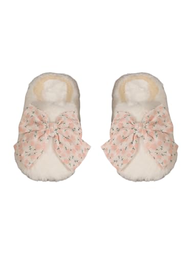 OYOANGLE Women's Floral Print Bow Decor Round Toe Faux Fur Slippers Comfortable Fuzzy Warm Slippers