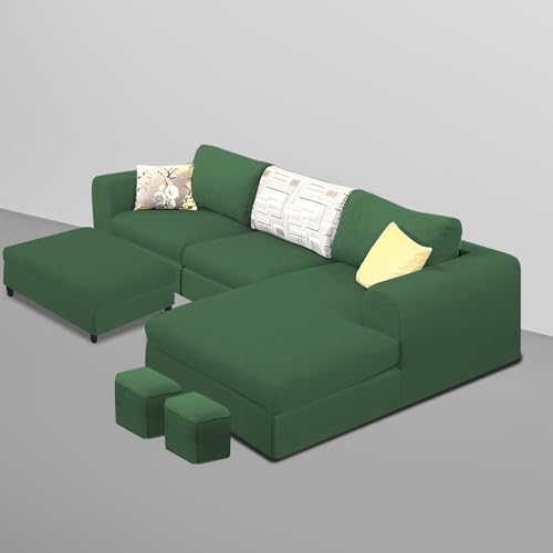 Image of Koza RHS 4 Seater L Shape Sofa Set with Center Table for Living Room (Green Fabric) Premium Fabric Sofa