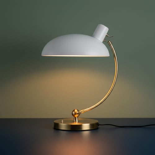 BARCELONA LED Lampada da Tavolo Ulia in Metallo Bianco e Oro Stile Bauhaus Vintage Industriale e Nordico Moderno con Paralume Bianco Orientabile E27 Design Classico
