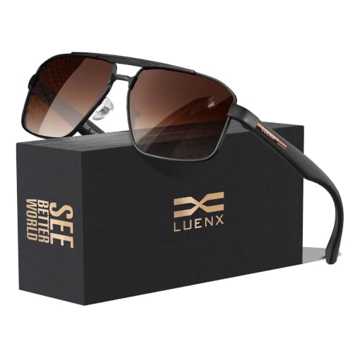 Image of Luenx Aviator Sunglasses Polarized Men Women Square UV400 Driving | Big Head Fit,Polygon Shades,Lightweight,Adjustable Nose Pads,Anti-slip,Impact-resistant,Scratch-Resistant,Gift-Ready Set