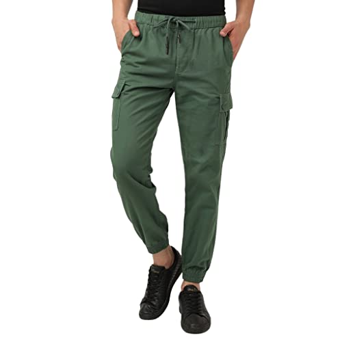 Image of Hardsoda Green Slim Fit Solid Mid Rise Cuffed Cargos
