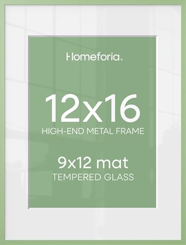 Image of Homeforia 12x16 Sage Green Picture Frame, High End Metal 12x16 Poster Frames with Mat 9x12 Photo, 12 x 16 Sage Green Frame Matted to 9 by 12 Art, 16x12 Thin Frames, Tempered Glass, Wall Kit, Set of 2
