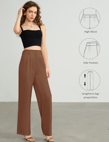Tapata Women Wide Leg Pants High Waisted Dress Trousers Casual Elastic Pockets Business Work Slacks, Brown, 124