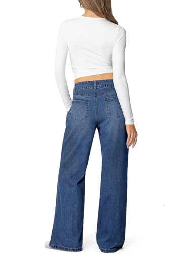 Sidefeel Women's Wide Leg Jeans High Waisted Stretchy Straight Leg Jeans Trendy Seamed Front Loose Denim Pants4