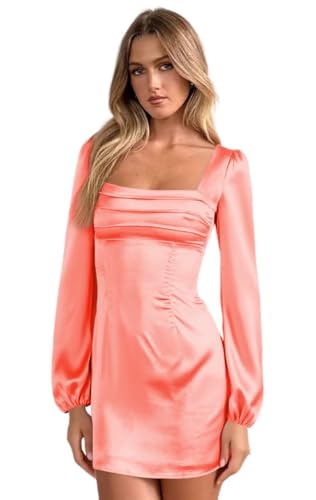 YMSHA Square Neck Satin Homecoming Dresses with Sleeves for Teens A Line Short Prom Party Dress YMS437