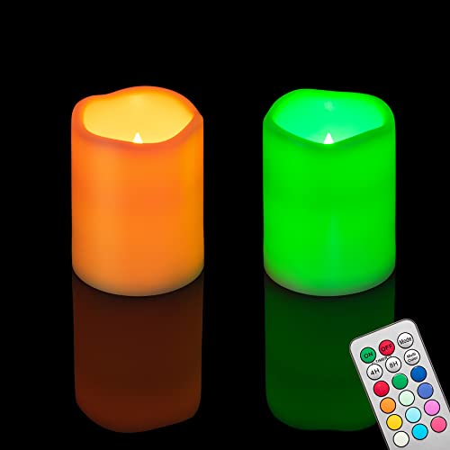 Image of 2PCS 4 inch Multi-Color Flameless LED Pillar Candles with Remote Timer /Battery Operated Electric Flickering Plastic LED Fake Candle for Halloween Pumpkin Light Lantern Christmas Decorations