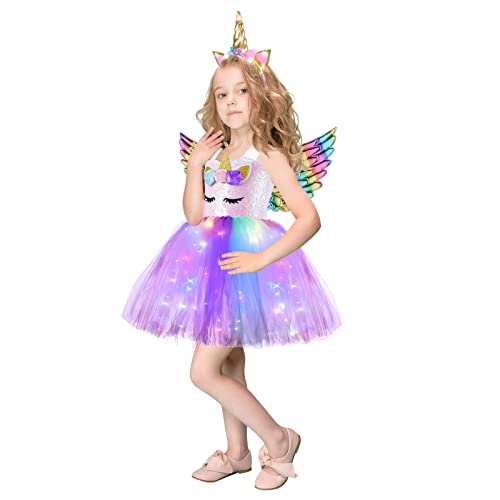 NSSONBEN Girls White Sequin Unicorn Custome Colorful LED Light Up Onesie Tutu Dress Birthday Gifts Party Outfit Halloween Costume with Headband and Wings for 7-8Y