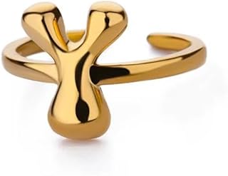خاتم بابل بتصميم الحرف الاول من الاسم للنساء، بتصميم بالون انيق ستانلس ستيل مطلي بالذهب عيار 18 قيراط بتصميم الحروف الابجدية المفتوحة من A-Z قابل للتعديل، من فيروز جوليري