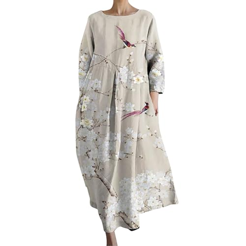 AMDOLE Leinenkleider für Damen, lockerer Rundhalsausschnitt, modisch, Senioren, langärmelig, bedruckt, V-Ausschnitt, Kleid für Damen, weiß, L