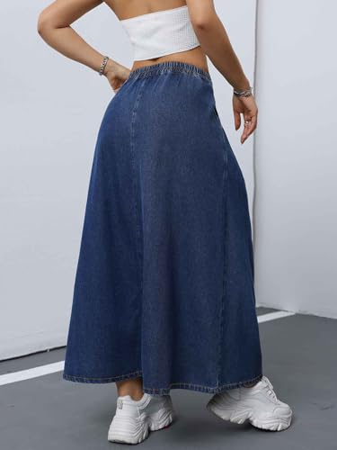 ebossy Women's Casual Pleated Back-Elastic Waist A-line Flowy Draped Maxi Denim Skirts with Pockets4