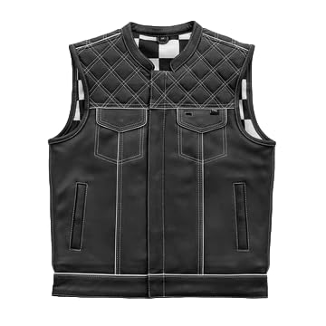 First Mfg Co - White Checker - Men's Motorcycle Biker Riding Black Leather Vest - Extra Large - Conceal Carry Pockets