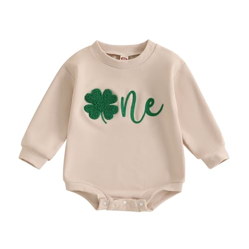 Lukivech Baby Boy Girl 1st Birthday Outfit St Patricks Day Clover One Embroidery Oversized Sweatshirt Bubble Romper Bodysuit (Apricot 6-12 Months)